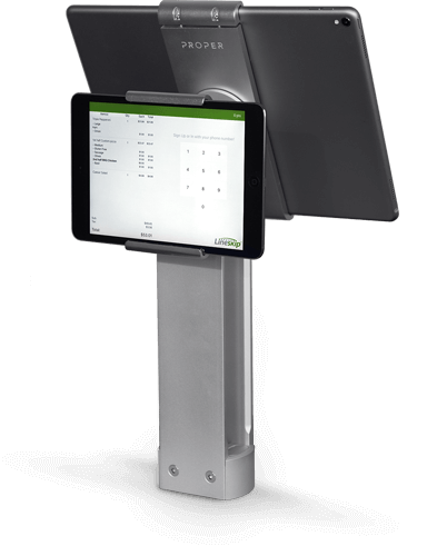 LineSkip Point of Sale customer facing screen on PROPER dual stand.